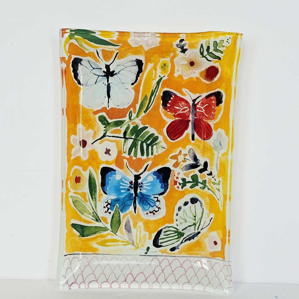 Butterfly Floral Glass Trinket Dish Yellow Rectangular Vanity Tray Decor